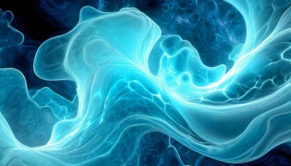 黒背景に青緑色の波のような流線形のグラフィック素材。生成AI。深海のイメージ。人体の中のイメージ。ウィルスのイメージ。