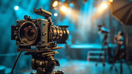 Vintage film camera on tripod in a cinematic studio setup with dramatic lighting