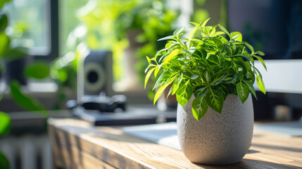 A green potted plant adds a touch of nature to a modern office environment.