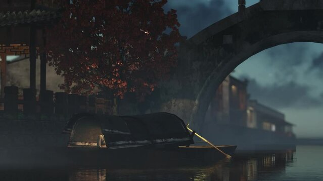 3d animation of boat ride in canal under bridge in Suzhou, China