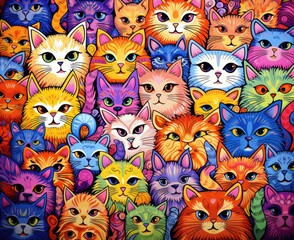 A vibrant group of cats in a kaleidoscope of colors, capturing playful and engaging gazes. Generative AI.