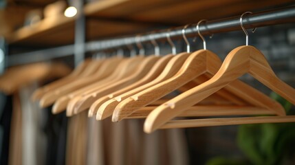 Row of elegant wooden hangers in a minimalist boutique wardrobe. - obrazy, fototapety, plakaty