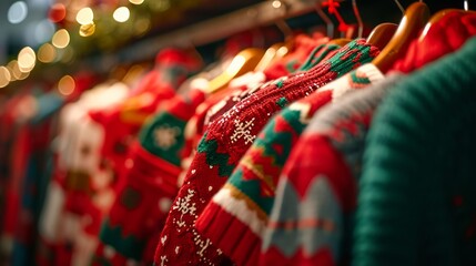 Colorful Christmas sweaters on display evoking holiday cheer and warmth.