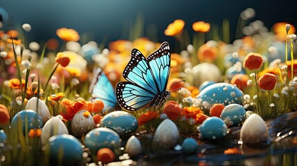 Easter day background with egg ornaments, butterflies and blurred background - obrazy, fototapety, plakaty