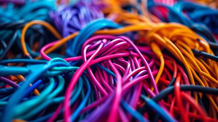 A chaotic jumble of colorful cables creates a vibrant abstract pattern. - obrazy, fototapety, plakaty