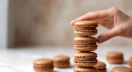 stack of three macarons in different flavors.  
