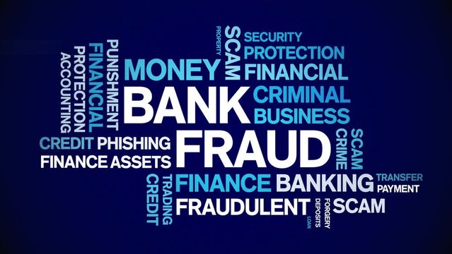Bank Fraud animated tag word cloud;text design animation kinetic typography seamless loop.