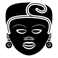 Human head from Veracruz. Ethnic tribal mask. Native American pre Columbian art from Mexico. Black and white silhouette.