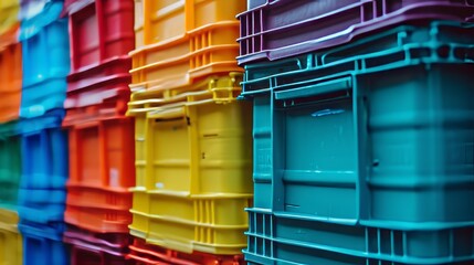 Vibrant stack of colorful shipping containers in a logistic hub.