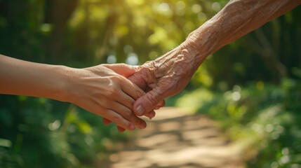 Hands of senior man and young, close up. Symbol of compassion, love, taking care and solidarity