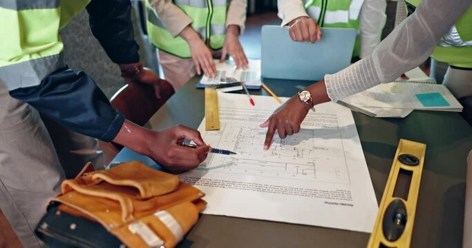 Hands, blueprint and architect group with planning, drawing and discussion for construction industry. People, team and engineering agency with documentation, sketch or meeting for ideas with property