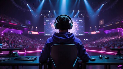 Back view of a professional esports player in the heat of gaming competition