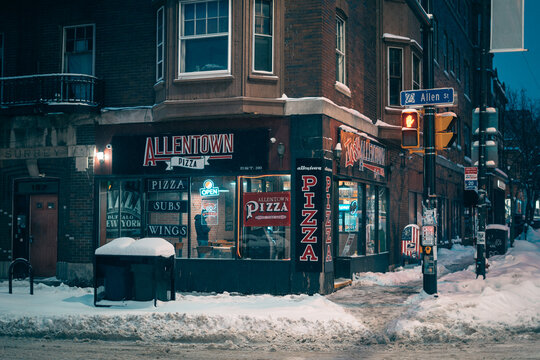 Allentown Pizza on a snowy winter night, Buffalo, New York