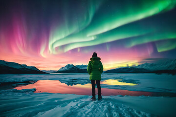 A world where the Aurora Borealis isn't just a light display but a mirror reflecting the thoughts and emotions of those who gaze upon it. - obrazy, fototapety, plakaty