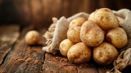 Earthy potatoes clustered atop a rustic dark wooden kitchen table - obrazy, fototapety, plakaty