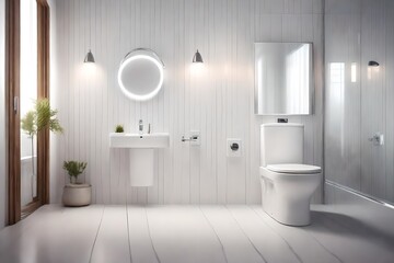 A sparkling clean bathroom space with an emphasis on hygiene and cleanliness. Perfectly lit, this super realistic image captures a white light highlighting a pristine toilet flush, promoting 