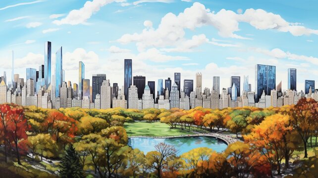 The famous scene of central park color pencil paint Ai generated art