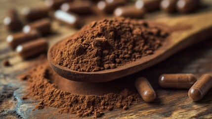 Cocoa powder and health capsules display on wooden background for well-being.
