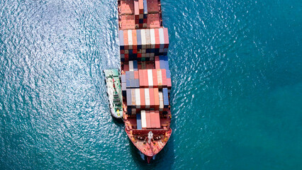 Aerial view of the freight shipping transport system cargo ship container. international transportation Export-import business, logistics, transportation industry concepts - obrazy, fototapety, plakaty