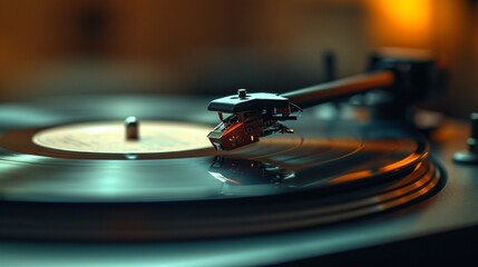 Close-up of a vinyl record on a turntable with needle tracing the grooves.