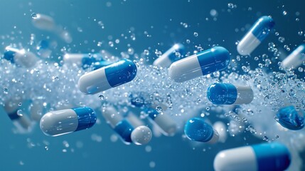 Blue and white medical capsules falling in a cascade with a monochrome background.