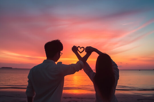 An Asian couple used their arms for holding the heart symbol on the beach with romantic sunset and colorful sky background