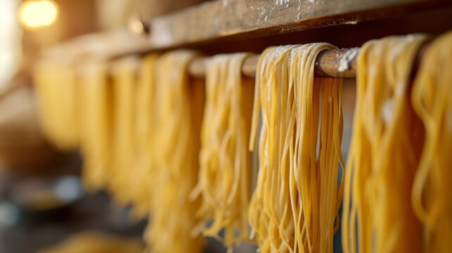 Handmade pasta drying evenly on a traditional wooden rack in a kitchen.