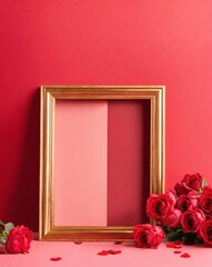  Golden frame with pink  roses