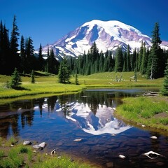 Fototapeta na wymiar Mount Rainier National Park: Washington With a snow-clad peak, lake in the mountains