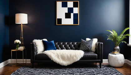 Navy blue walls with a plush white shag rug leather accents and bold geometric prints in shades of black and white style