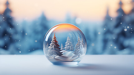 A magical crystal ball sits on snowy ground, surrounded by a wintry landscape. Ideal for winter solstice and Yule ceremonies
