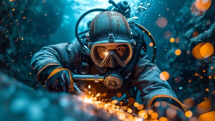 an underwater diver worker wearing a Military watch and welding a tube underwater ,generative ai - obrazy, fototapety, plakaty