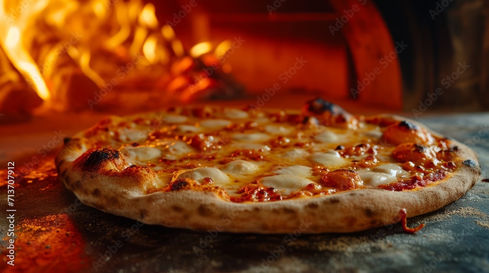 Sticker Golden-brown pizza with bubbling cheese fresh out of a brick oven