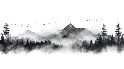 A Black and white mountain range, landscape, tree symbols, stencil vector illustration.
