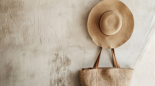 Straw hat and matching tote bag hang against a minimalist white textured wall.