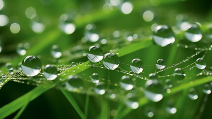 Close up dew drops green leaf, texture nature background. Raindrops macro photography,Green grass in nature with raindrops
