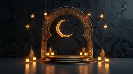 

concept of ramadan kareem, Islamic Podium, luxury ramadan podium for display product, presentation, stage, base, isolated background, generative ai