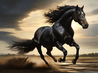 Black color horse running in the sunset AI generated art.