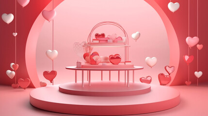 A minimalistic step podium cute display for Valentine’s day. Showcase for the presentation of natural products and cosmetics