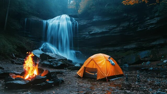 waterfall camp lofi video looping, 4k, camfire