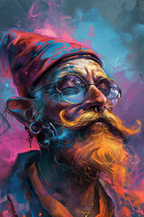 Portrait of a man with a beard and mustache in a hat and glasses. Digital painting.