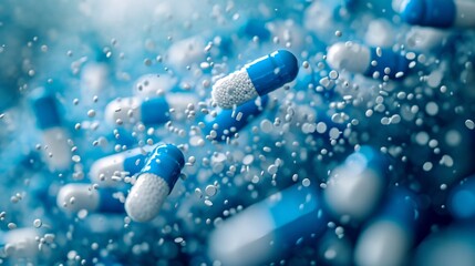Blue and white medical capsules falling in a cascade with a monochrome background.