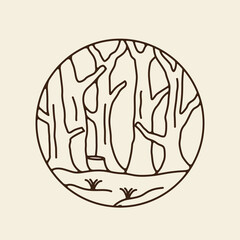simple line art forest logo with circle  vintage  icon symbol illustration design