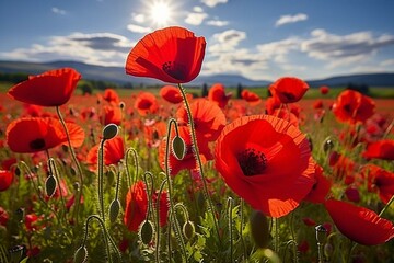 An image featuring vivid red poppies scattered across a field. Generative AI