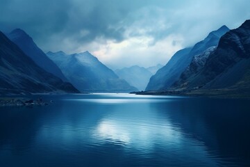 Mountainous lake with a blue hue. Generative AI