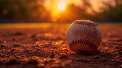 A lone baseball on dusty ground as the sunset casts a golden glow - obrazy, fototapety, plakaty