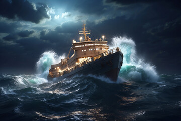 ship battered by sea waves - obrazy, fototapety, plakaty