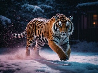 Obraz premium sneak Tiger in neon lights in the snow