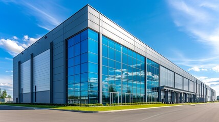 logistics center, headquarters or large office under a blue sky. AI generated