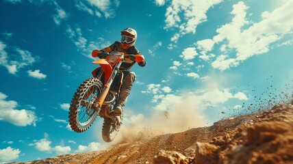 Naklejka premium motorcycle stunt or car jump. A off road moto cross type motor bike, in mid air during a jump with a dirt trail. cnayon with blue sky.generative ai